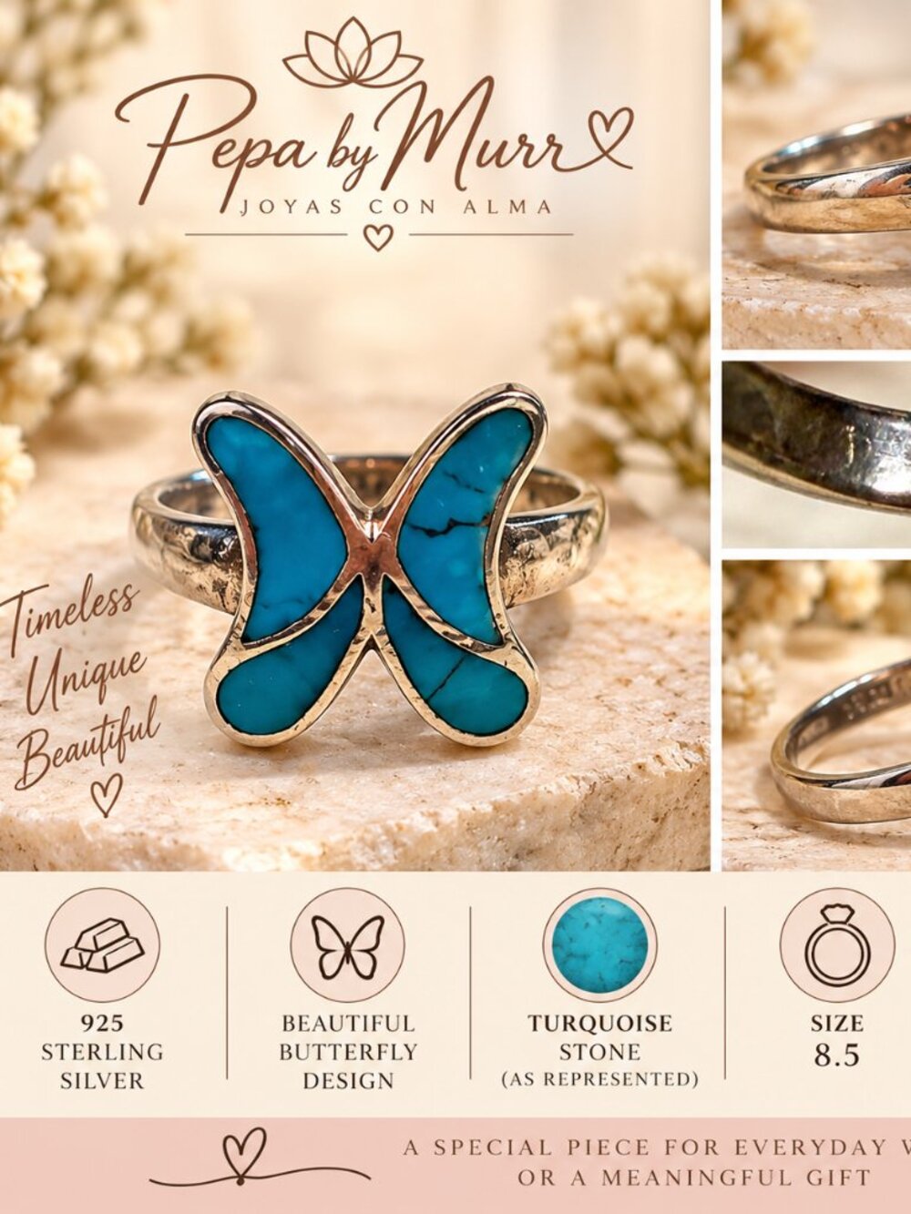925 Sterling Silver Turquoise Butterfly Ring Size 8.5 – 6g
